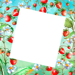 Watercolor greeting card, invitation with a plant strawberry. Blossoming bush with a red berry and flower. Against the background of a beautiful colorful watercolor stain. Vinage drawing. 