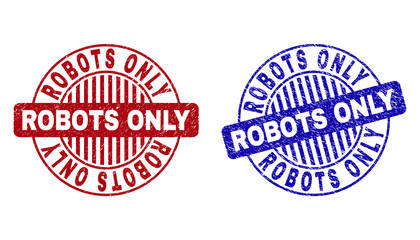 Grunge ROBOTS ONLY round stamp seals isolated on a white background. Round seals with distress texture in red and blue colors.