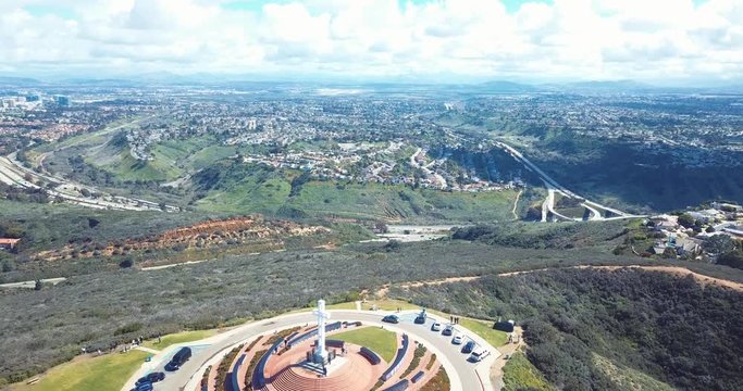 Beautiful Drone View of Mt. Soledad Cross in La Jolla, California. Smooth, 4K HD Aerial. Mount Soledad Veterans Memorial near Mission Bay, Mission Beach, North PB.
