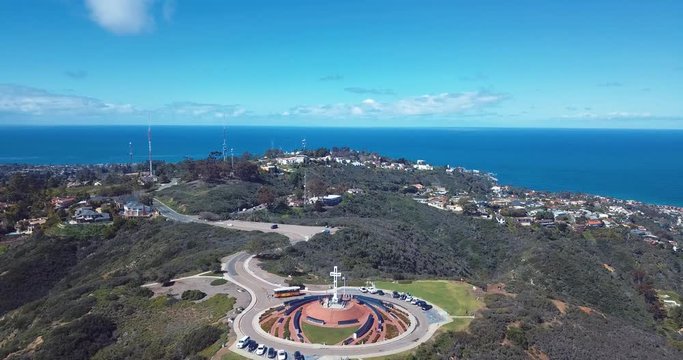 Beautiful Drone View of Mt. Soledad Cross in La Jolla, California. Smooth, 4K HD Aerial. Mount Soledad Veterans Memorial near Mission Bay, Mission Beach, North PB.