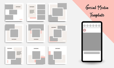 Nine Set editable square abstract geometric banner template for social media post and cover. Minimalist design background in soft orange pastel peach color. Vector illustration