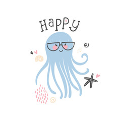 Cute happy geek blue squid wearing half round glasses. Sea marine life. Childish vector illustration