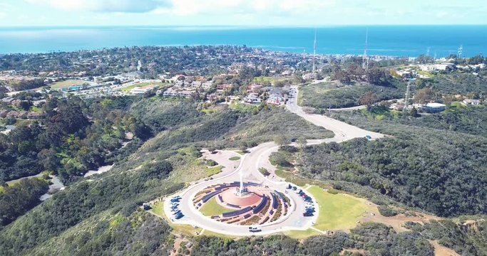 Beautiful Drone View of Mt. Soledad Cross in La Jolla, California. Smooth, 4K HD Aerial. Mount Soledad Veterans Memorial near Mission Bay, Mission Beach, North PB.
