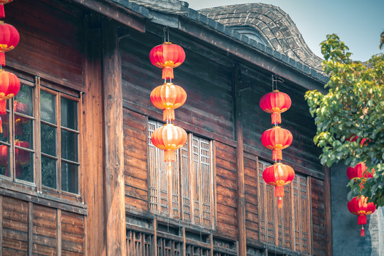 Chinese Red Lantern decorated on traditional old house.