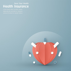 Vector illustration in concept of health insurance. Template design is on pastel blue background for cover, web banner, poster, slide presentation. Art Craft for kid in 3D paper cut style.