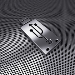 USB Flash drive icon on metal perforated, stock design style. 3D rendering