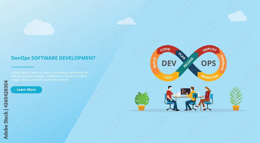 Poster devops software development practices for website template banner design page - vector