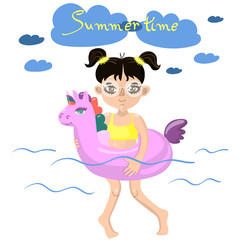 Girl swims with an inflatable unicorn vector image