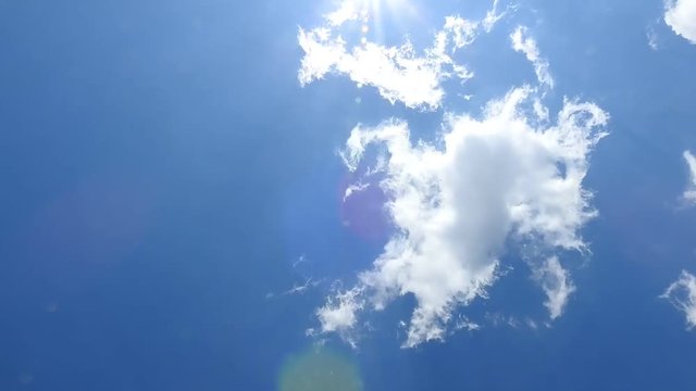 太陽の光が上から降り注いでいます。雲の流れはダイナミックです。空のタイムラプス動画