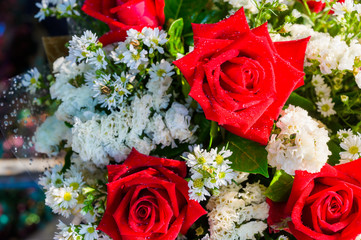 Beautiful Rose red texture background.Wedding flowers, bridal bouquet closeup. Decoration made of roses, peonies and decorative plants, close-up, selective focus, nobody,