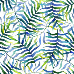 Watercolor tropical seamless pattern with palm leaves on white background