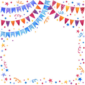 Watercolor card with flags garlands, paper streamers and confetti. Birthday party background