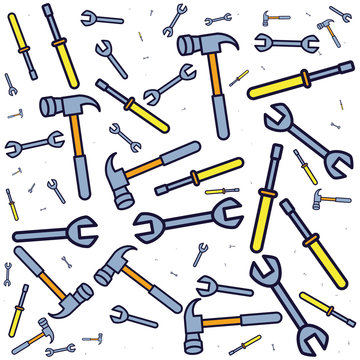pattern of wrenches with hammers and screwdrivers