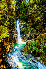 Fototapeta na wymiar The turquoise waters of Cascade Falls in Cascade Falls Regional Park between the towns of Mission and Deroche in British Columbia, Canada