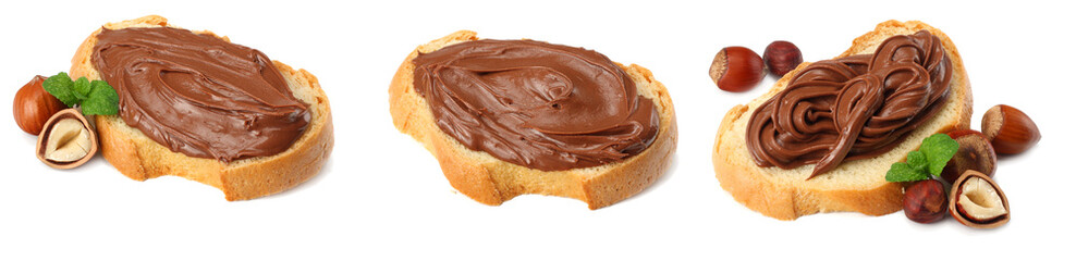 Slice of bread with chocolate cream with hazelnut isolated on white background