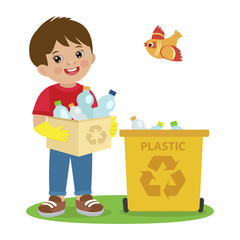 Kids Activities Vector. Ecology Theme Illustration. Boy Gathering Garbage And Plastic Waste For Recycling. Kid Picking Up Plastic Bottles Into Garbage. Waste Recycling For Reuse.