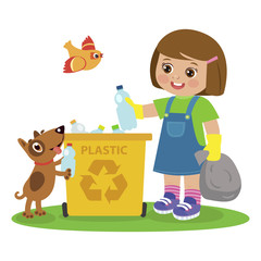 Cartoon Girl And Dog Gathering Garbage And Plastic Waste For Recycling. Kids Activities Vector. Ecology Theme Illustration. Kid Picking Up Plastic Bottles Into Garbage. Waste Recycling For Reuse.
