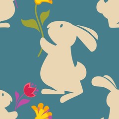 Bunny and eggs Easter seamless pattern white rabbit