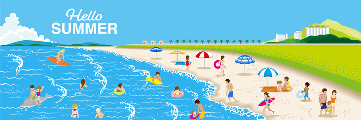 Summer beach landscape, people enjoying sea bathing - Included words "Hello Summer"