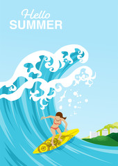 Female surfer rides on a big wave in summer ocean - Included words “Hello Summer