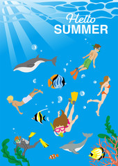 People enjoying scuba diving in undersea with Marine life - Included words “Hello Summer