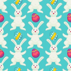 Bunny and eggs Easter seamless pattern white rabbit