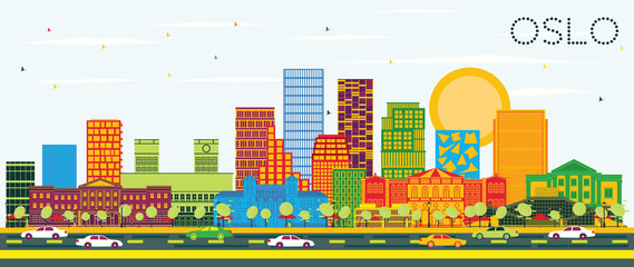 Oslo Norway Skyline with Color Buildings and Blue Sky.