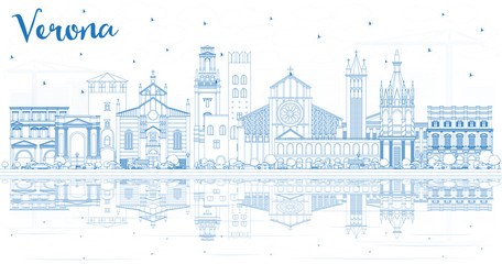 Outline Verona Italy City Skyline with Blue Buildings and Reflections.