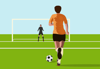 Football striker players are raising football to score goals. With a goalkeeper looking at in football field,blue sky background