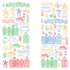 Fototapeta na wymiar Vector pattern with Holland, Netherlands, Amsterdam icons. Doodle style.