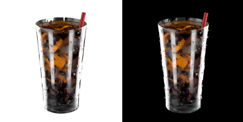 Whiskey with ice and cola in a tall glass with a straw