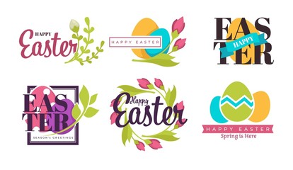 Painted eggs and green branch Easter holiday isolated icons vector