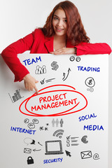 Business, Technology, Internet and network concept. Young businessman shows the word: Project management  - Image