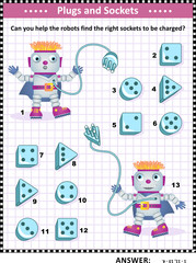 Technology themed educational puzzle: Can you help the robots find the right sockets to be charged? Answer included.