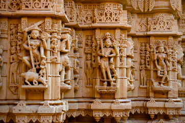 Beautifully carved idols, Jain Temple, situated in the fort complex, Jaisalmer, Rajasthan, India.