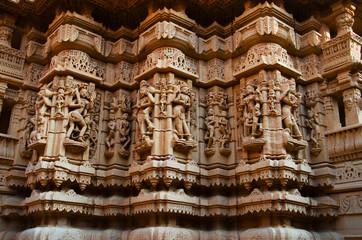 Fototapeta na wymiar Beautifully carved idols, Jain Temple, situated in the fort complex, Jaisalmer, Rajasthan, India.