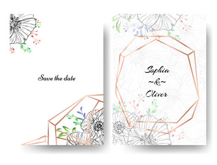 Beautiful modern invitation wedding template with gold frames and hand drawn poppy. Template on white background.