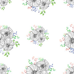seamless wild flower poppies. Botanical herb fabric surface pattern design
