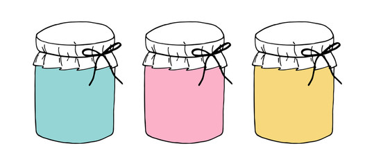 Set of colored hand drawn vector illustration. Set of pickle jars with vegetables. Set with tinned vegetables.
