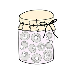 Set of colored hand drawn vector illustration. Set of pickle jars with vegetables. Set with tinned vegetables.