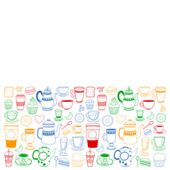 Coffee menu. Vector pattern with cappuccino, espresso. Kitchen, cooking, beverages.