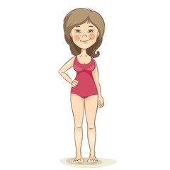 Slim girl. Funny young woman in a pink bathing suit, vector illustration.
