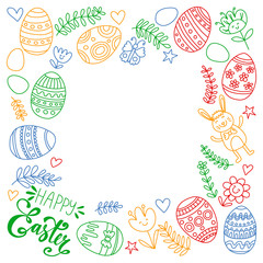 Happy Easter. Vector pattern with eggs, bunny, flowers.