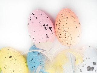 Colorful pastel tone easter eggs, copy space, background for postcard