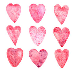 Set of hand painted watercolor hearts. Isolated objects perfect for Valentine's day card or romantic cards