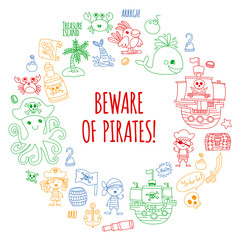 Vector pattern with pirate icons. Adventure, birthday party.