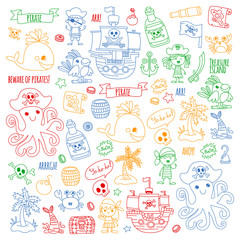 Vector pattern with pirate icons. Adventure, birthday party.