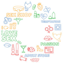 Vector set with sex shop icons. Erotic fetish games background.