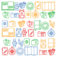 Vector pattern with travel icons. Get ready for adventures and travel. Hot air balloon, suitcase, airplane. Great vacation, holidays.