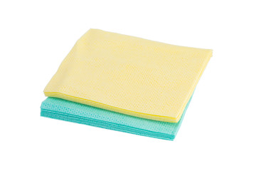 rags for cleaning, yellow and green, close-up, on a white background